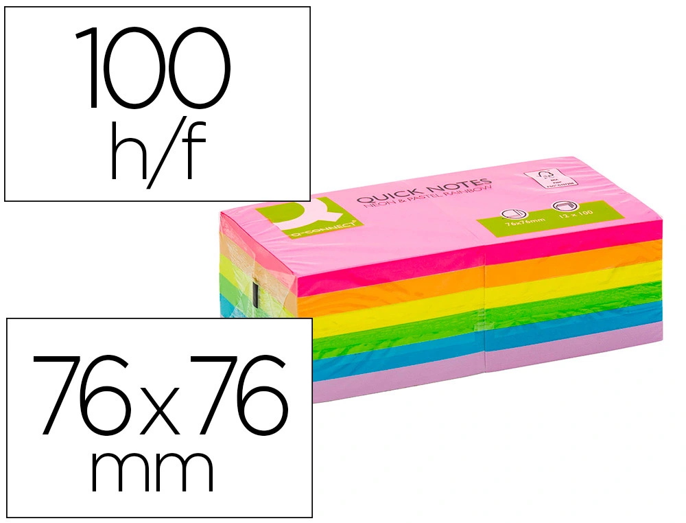 Bloc notes q-connect 76x76mm 100f adhesives repositionables coloris fluo et pastel assortis pack 12 unites
