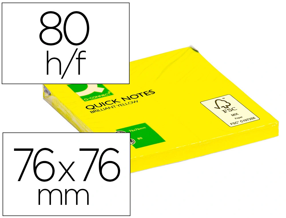 Bloc-notes q-connect quick notes couleurs néon 76x76mm 80f repositionnables coloris jaune vif