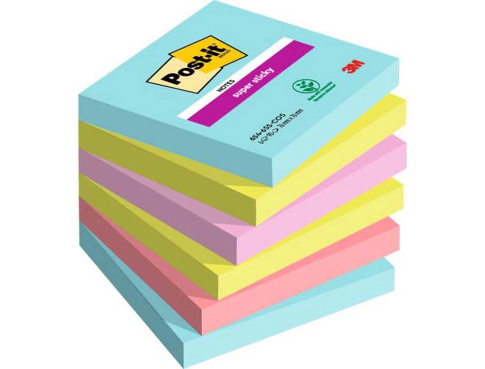 Bloc-notes post-it super sticky couleurs carnival 76x76mm 90 feuilles adhesives renforcebleu vert rose 6 blocs