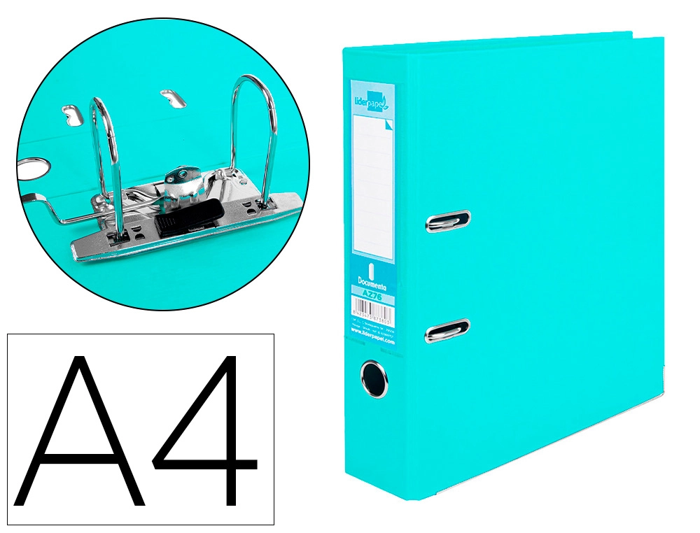 Classeur levier liderpapel a4 documenta carton rembordé 1,9mm dos 75mm rado métallique coloris vert clair.