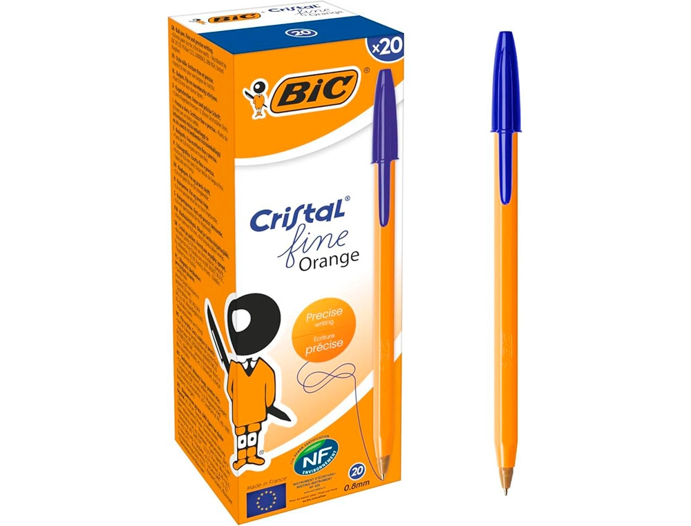 Stylo-bille bic cristal corps hexagonal orange transparent encre bleue visible pointe fine 0,8mm pack 90 + 10un.