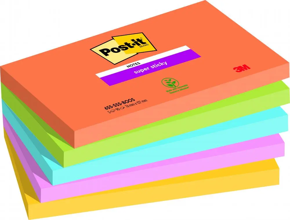 Post-it sticky 76x127 boostp/5note repositionnable - super sticky bloc boost 76x127mm - lot de 5.